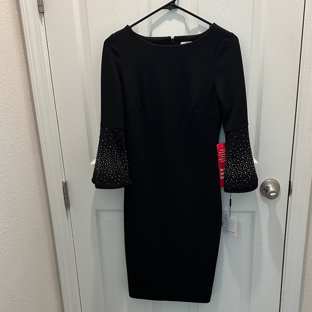 Calvin Klein Black Sheath Dress with Embellished Bell Sleeves